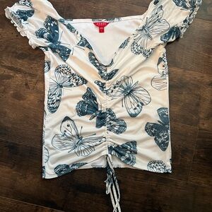 Guess White Top with Blue Butterfly Print and Ruched Front